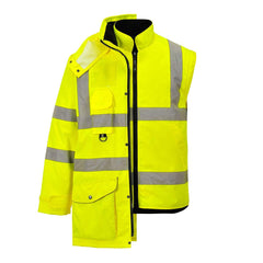 Hi-Vis 7In1 Jacket Viz Insulated Safety Visability Work Bomber Rain ANSI 3, Small Yellow