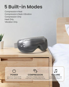 Eye Massager with Heat & Vibration – 5 Massage Modes, Bluetooth Music, Adjustable Headband, USB Rechargeable - Gray