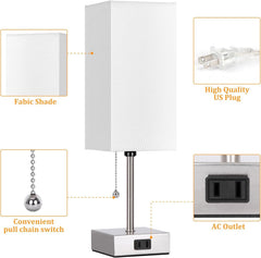 Touch Control Bedside Lamp, 3 Way Dimmable Nightstand Lamp with 2 USB Ports & AC Outlet, Modern Style, White Fabric Shade