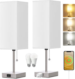 Touch Control Bedside Lamp, 3 Way Dimmable Nightstand Lamp with 2 USB Ports & AC Outlet, Modern Style, White Fabric Shade
