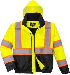 US367 Hi Vis 2 in 1 Bomber Jacket Waterproof Two Way Zip with Pack Away Hood, Yellow/Black, 7XL