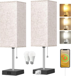 Touch Control Bedside Lamp, 3 Way Dimmable Nightstand Lamp with 2 USB Ports & AC Outlet, Modern Style, White Fabric Shade