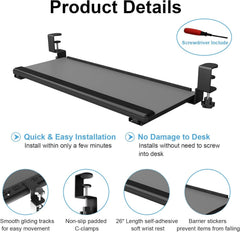 Keyboard Tray under Desk Slide Out,Keyboard Drawer Clamp on Keyboard Tray with Wrist Rest Keyboard Holder for Home Office School 26" (30" Including Clamps) X 10" Dark Gray