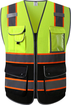 9 Pockets Class 2 High Visibility Zipper Front Safety Vest with Reflective Strips, Meets ANSI/ISEA Standards (Large, 150-Pink)