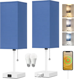 Touch Control Bedside Lamp, 3 Way Dimmable Nightstand Lamp with 2 USB Ports & AC Outlet, Modern Style, White Fabric Shade