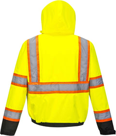 US367 Hi Vis 2 in 1 Bomber Jacket Waterproof Two Way Zip with Pack Away Hood, Yellow/Black, 7XL