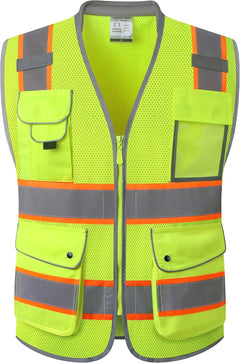 9 Pockets Class 2 High Visibility Zipper Front Safety Vest with Reflective Strips, Meets ANSI/ISEA Standards (Large, 150-Pink)