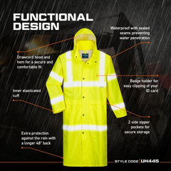 UH445 Men'S Classic Raincoat Waterproof Hi Vis Reflective Long Rain Jacket ANSI Class 3 Yellow