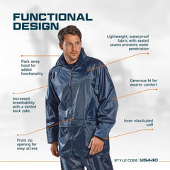 US440 Classic Waterproof Rain Jacket Wth Pack Away Hood & Sealed Seams, Black, Large