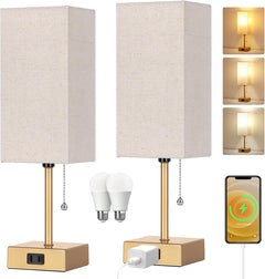 Touch Control Bedside Lamp, 3 Way Dimmable Nightstand Lamp with 2 USB Ports & AC Outlet, Modern Style, White Fabric Shade