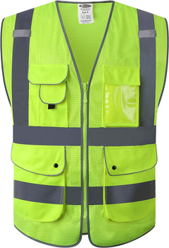 9 Pockets Class 2 High Visibility Zipper Front Safety Vest with Reflective Strips, Meets ANSI/ISEA Standards (Large, 150-Pink)