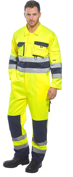 TX55 Nantes Hi Vis Coveralls - Reflective Safety Coveralls with Pockets ANSI Class 3 Yellow/Navy, Large