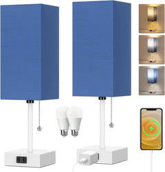 Touch Control Bedside Lamp, 3 Way Dimmable Nightstand Lamp with 2 USB Ports & AC Outlet, Modern Style, White Fabric Shade