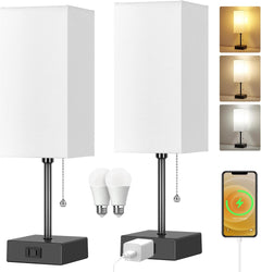 Touch Control Bedside Lamp, 3 Way Dimmable Nightstand Lamp with 2 USB Ports & AC Outlet, Modern Style, White Fabric Shade