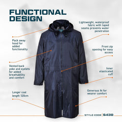 S438 Classic Hooded Rain Coat with Long 47" Waterproof Protection, Navy, XXL