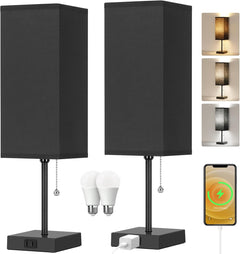 Touch Control Bedside Lamp, 3 Way Dimmable Nightstand Lamp with 2 USB Ports & AC Outlet, Modern Style, White Fabric Shade