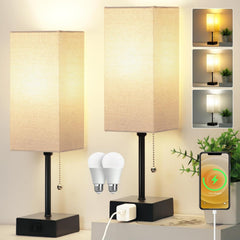 Touch Control Bedside Lamp, 3 Way Dimmable Nightstand Lamp with 2 USB Ports & AC Outlet, Modern Style, White Fabric Shade